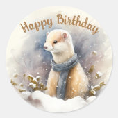 Sticker Rond Aquarelle Ermine Snowy Paysage fête d'anniversaire (Devant)