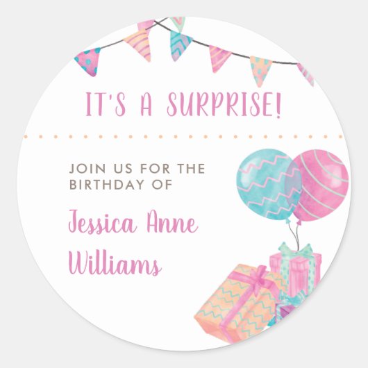 Sticker Rond Aquarelle et ballons | Parti surprise (Devant)