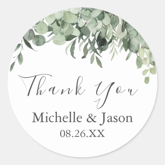 Sticker Rond Aquarelle Eucalyptus Merci Mariage vert (Devant)
