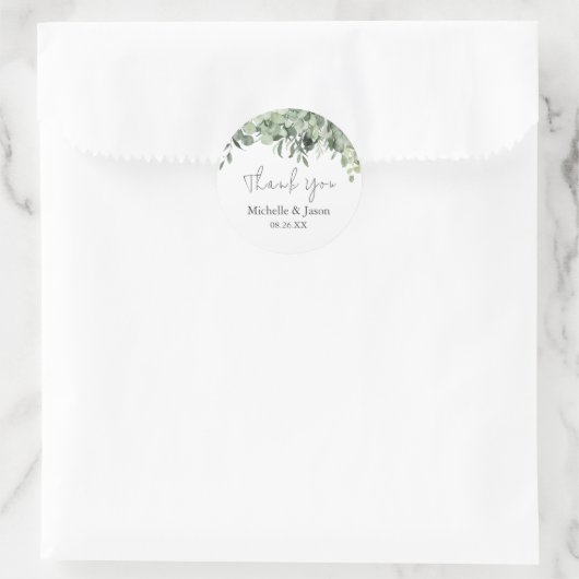 Sticker Rond Aquarelle Eucalyptus Merci Mariage vert (Sac)