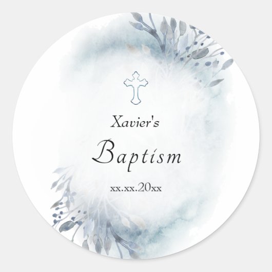 Sticker Rond aquarelle feuillage bleu | Baptême (Devant)