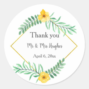 Sticker Rond Aquarelle Feuille et fleur jaune merci
