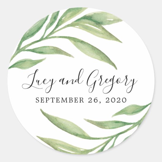 Sticker Rond Aquarelle Feuilles botaniques | Faveur de mariage (Devant)