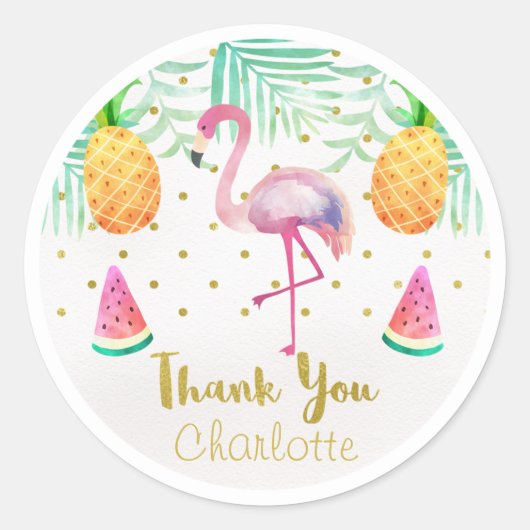 Sticker Rond Aquarelle Flamant rose 1er Anniversaire Favoriser (Devant)