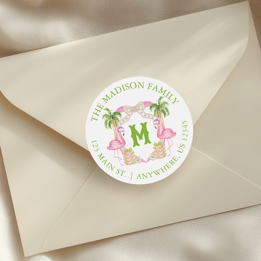 Sticker Rond Aquarelle Flamant rose rose Monogramme Crest Noël