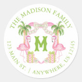 Sticker Rond Aquarelle Flamant rose rose Monogramme Crest Noël (Devant)