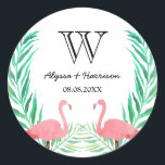 Sticker Rond Aquarelle Flamants roses Palm Feuille Mariage Mono<br><div class="desc">Autocollant mariage rond,  parfait comme des scellés d'enveloppe,  avec flamants d'aquarelle et feuilles de palme. Personnalisez avec votre initiale bientôt partagée,  vos noms et votre date mariage.</div>