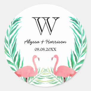 Sticker Rond Aquarelle Flamants roses Palm Feuille Mariage Mono