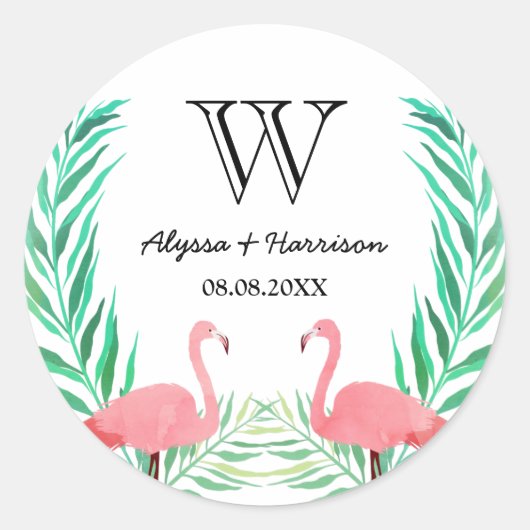 Sticker Rond Aquarelle Flamants roses Palm Feuille Mariage Mono (Devant)