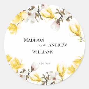 Sticker Rond Aquarelle Fleur de Magnolia jaune et blanc