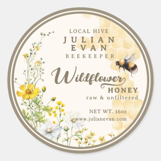 Sticker Rond Aquarelle Fleur sauvage Honeypeb Bee Honey Étiquet (Devant)