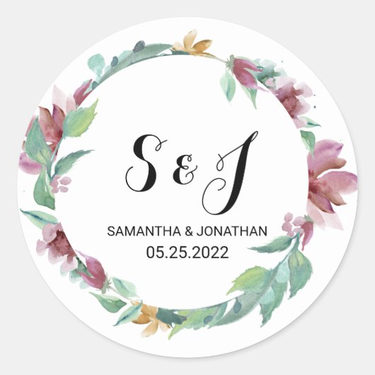 Sticker Rond aquarelle fleurie couronne mariée NOMS (Devant)