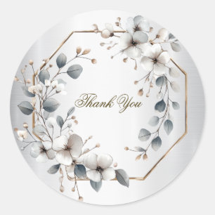 Sticker Rond Aquarelle Fleurs blanches Cadre doré Argent Turquo