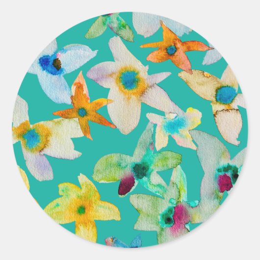 Sticker Rond Aquarelle fleurs bleues blanches (Devant)