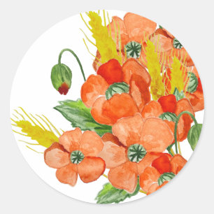 Sticker Rond Aquarelle fleurs de coquelicot mignonnes