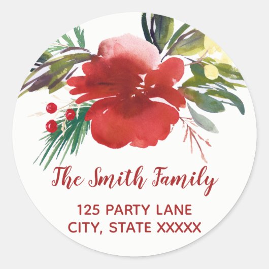 Sticker Rond Aquarelle Fleurs de Noël Rond Adresse de retour (Devant)