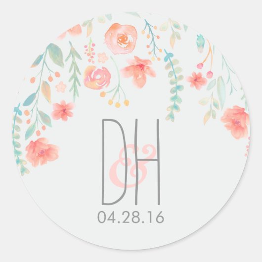 Sticker Rond Aquarelle Fleurs Mariage romantique (Devant)