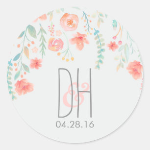 Sticker Rond Aquarelle Fleurs Mariage romantique