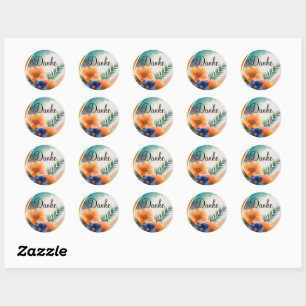 Sticker Rond Aquarelle fleurs orange et bleu