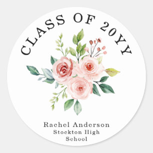 Sticker Rond Aquarelle Fleurs Rose Pâle Promotion de Diplômés 