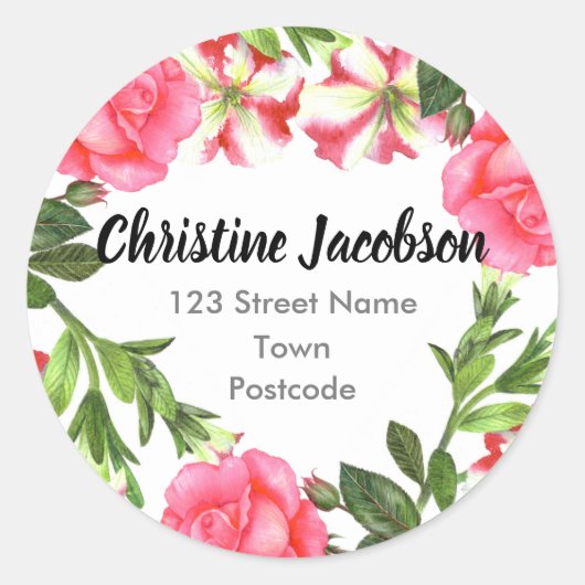 Sticker Rond Aquarelle Fleurs roses Adresse de couronne circula (Devant)