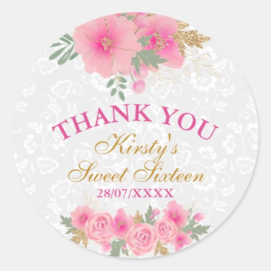 Sticker Rond Aquarelle Fleurs roses Gold Foil Sweet 16 (Devant)