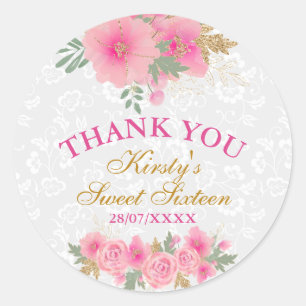 Sticker Rond Aquarelle Fleurs roses Gold Foil Sweet 16