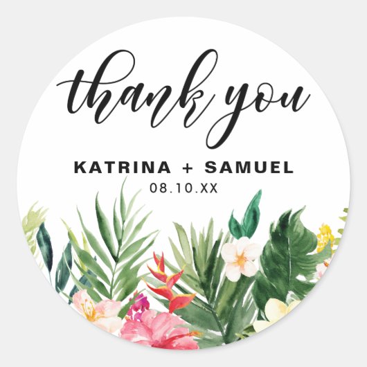 Sticker Rond Aquarelle Fleurs tropicales Merci Mariage (Devant)