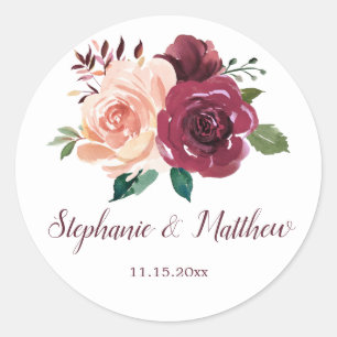 Sticker Rond Aquarelle Floral Blush Bourgogne Mariage Rose