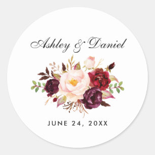 Sticker Rond Aquarelle Floral Bourgogne Mariage