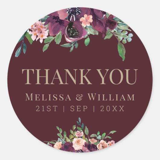 Sticker Rond Aquarelle Floral Bourgogne Mariage Merci (Devant)