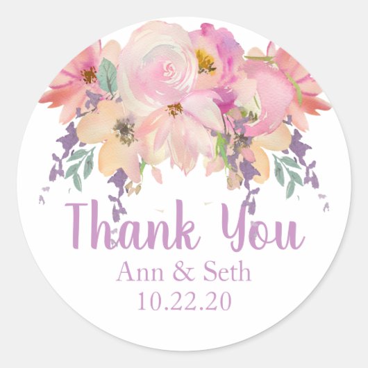 Sticker Rond Aquarelle Floral Merci Mariage Faveur (Devant)
