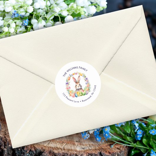 Sticker Rond Aquarelle Floral Oeuf de Pâques Bunny Adresse de r