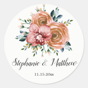 Sticker Rond aquarelle Floral Orange Rose Orchidées Mariage