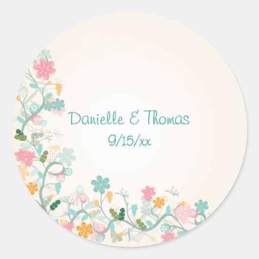 Sticker Rond Aquarelle Floral Rose Vert Turquoise Mariage (Devant)