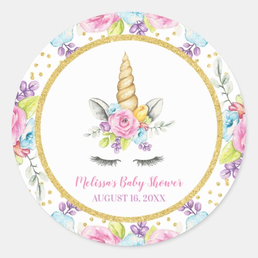 Sticker Rond Aquarelle Floral Unicorn Baby shower (Devant)