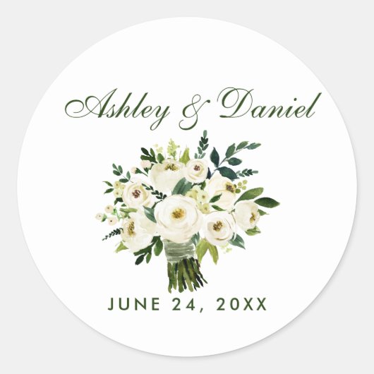 Sticker Rond Aquarelle Floral Vert Blanc Bouquet Mariage (Devant)
