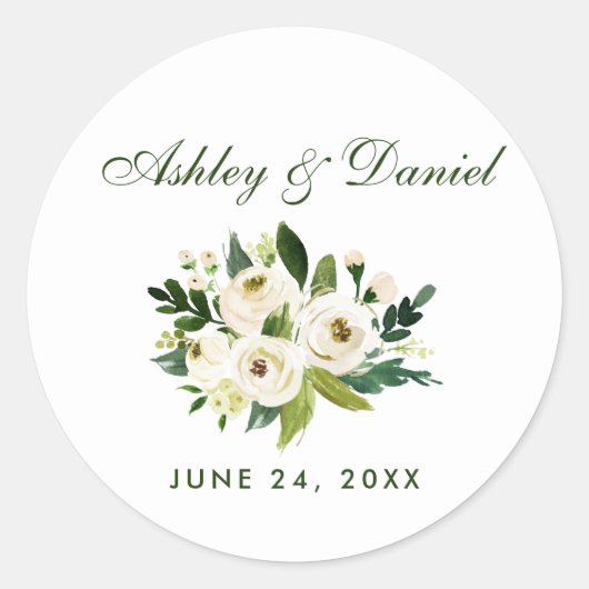 Sticker Rond Aquarelle Floral Vert et Blanc Mariage GS (Devant)