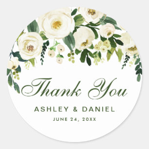 Sticker Rond Aquarelle Floral Vert Mariage blanc Merci G