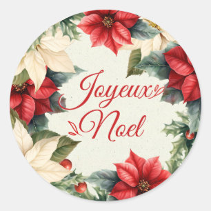 Sticker Rond Aquarelle Floral Vintage Rouge Poinsettia Noël