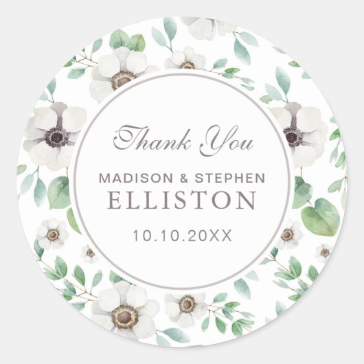 Sticker Rond Aquarelle florale | Anémone blanche | MERCI (Devant)