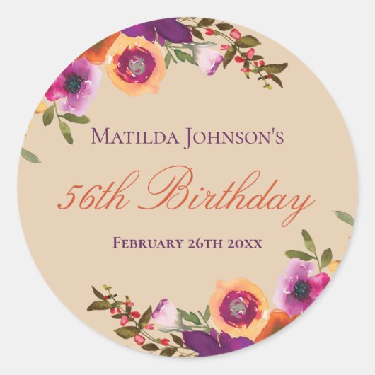 Sticker Rond Aquarelle Florale Automne fête d'anniversaire (Devant)