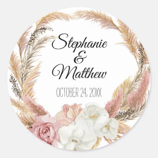 Sticker Rond Aquarelle florale Blush Boho Pampas Palm Mariage (Devant)