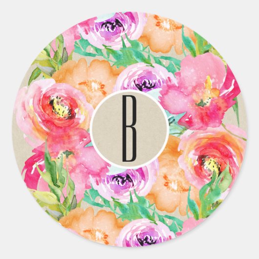 Sticker Rond Aquarelle florale brillante moderne Kraft Chic Fav (Devant)
