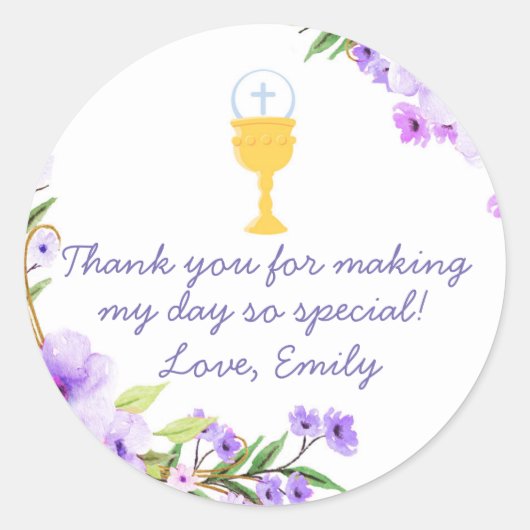 Sticker Rond Aquarelle florale communion Cadeau Favoriser Étiqu (Devant)