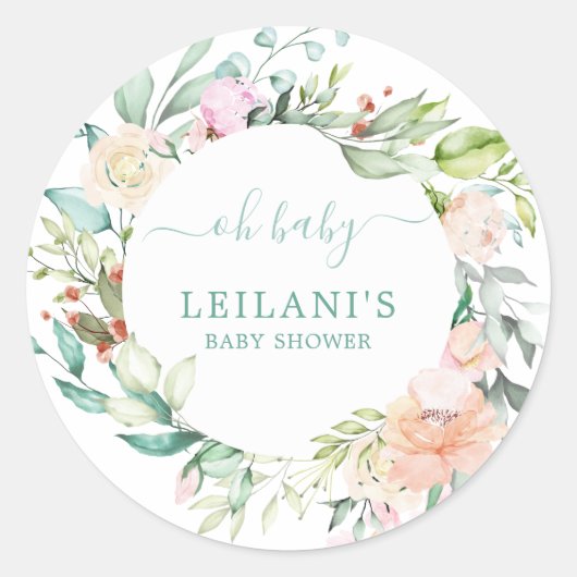 Sticker Rond Aquarelle florale couronne Oh Baby shower bébé (Devant)