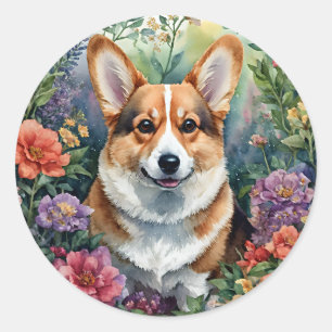 Sticker Rond Aquarelle florale de Corgi