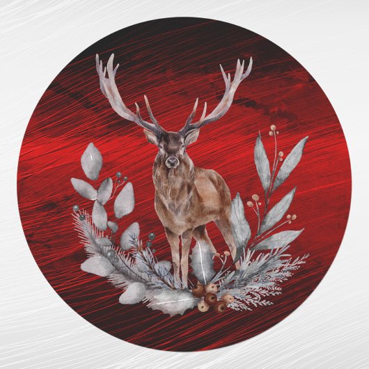 Sticker Rond Aquarelle florale de Noël Red Deer Buck