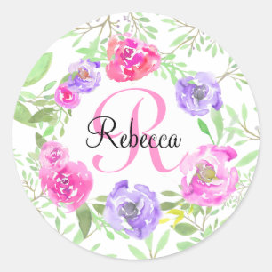 Sticker Rond Aquarelle florale de pivoine rose Monogramme