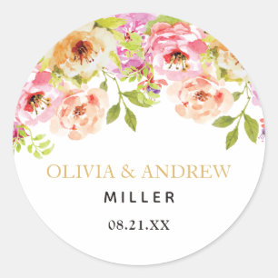 Sticker Rond Aquarelle florale orange rose  